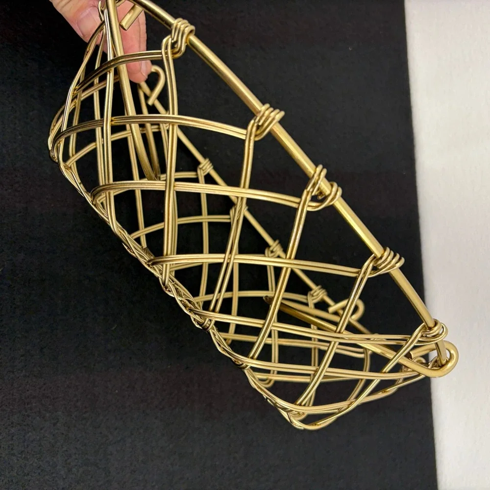 Gold Tone Woven Metal Wire Oval Decorative Basket Catchall Brass Lattice Handles